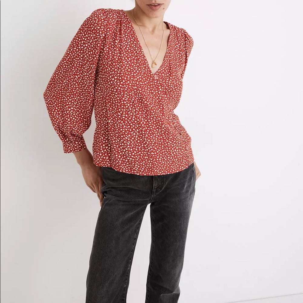 Madewell Kinston Side-Button Wrap Top in Park Picnic Size SMALL NWOT